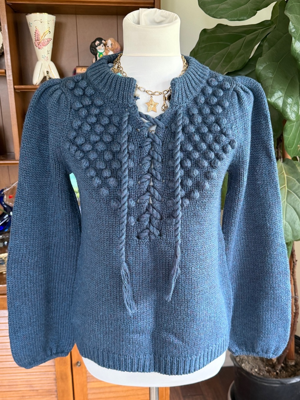 Moda International Blue Marl Wool Bubble Pom Detail Puff Sleeve Sweater M